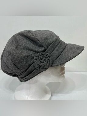 Gray Wool Blend Newsboy Cap Slouchy Brim Hat w/ Rosette Detail Women’s
